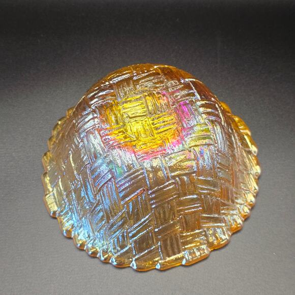 Retro Glass Bowl Marigold Iridescent Basket Weave Pattern Vintage Collectible - Picture 4 of 8